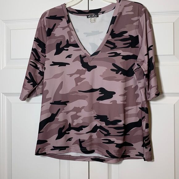 Venus extra-large V-neck half sleeve top Brown and black Camouflage - Picture 1 of 6